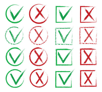 Check mark cross sign in grunge style. Yes and no symbol. Dirty hand drawn brush stroke.