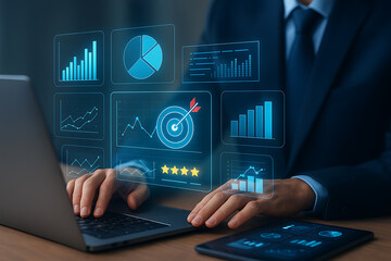 Businessman using digital dashboard to monitor key performance indicators and marketing analytics with futuristic virtual graphs