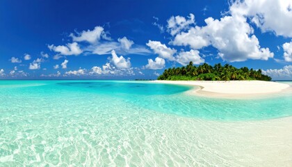 Fototapeta premium Turquoise waters meet white sand beach under a bright blue sky with fluffy clouds