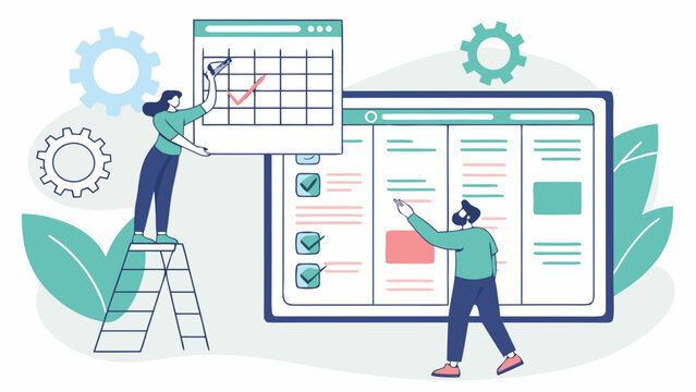 Vector template illustrating project management with task boards, team scheduling, digital planning tools, and productivity tracking.

