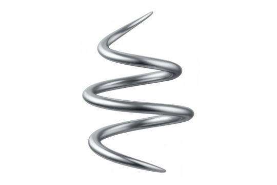 Rotating silver metallic spiral shape with transparent background, ideal for technology, engineering, and design projects