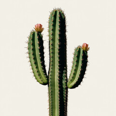 Naklejka premium A close up of a green cactus with two pink flowers blooming against a plain white background scene shot