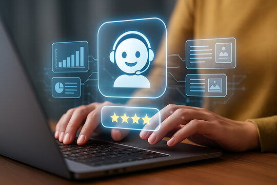 Customer support service representative icon with five-star rating and data analytics charts on futuristic virtual interface