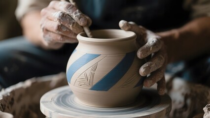 Potter's Hands Shaping a Ceramic Pot with Blue Stripes on a Potter's Wheel