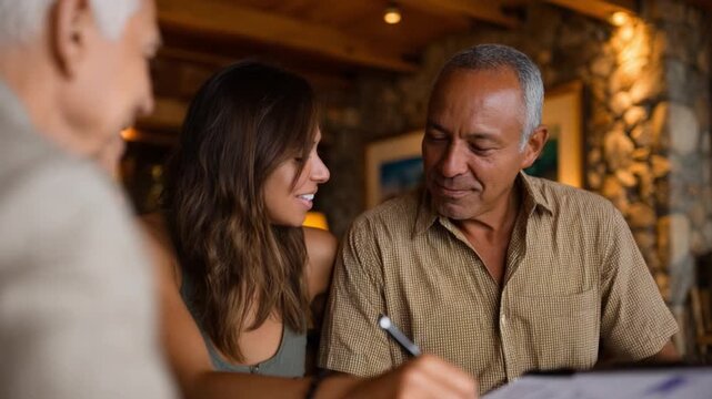 Consultation: A candid moment unfolds as a mature woman attentively guides an elder man through paperwork, bathed in a warm light.