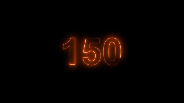 150 number countdown neon bright orange color animation. black background 4k video.