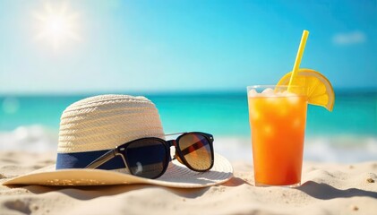 A refreshing summer scene featuring a sun hat and sunglasses beside a cool drink on a sunny beach, embodying summer safety and relaxation , relaxation, vacation