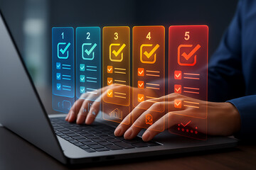 Digital checklist interface with colorful progress indicators and ranking system visualized on futuristic transparent UI for productivity