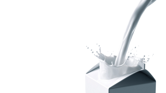 Minimalist white milk carton pouring a smooth stream of white milk, dynamic fluid arc, isolated on pure white background - Powered by Adobe