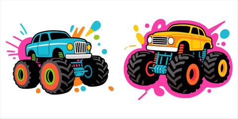 Fototapeta premium Vector art of two colorful monster trucks with graffiti backgrounds
