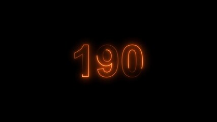 190 number countdown neon bright orange color animation. black background 4k video.