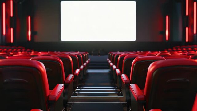 The front row of a modern movie theater with red velvet seats and a vivid, large screen projection.