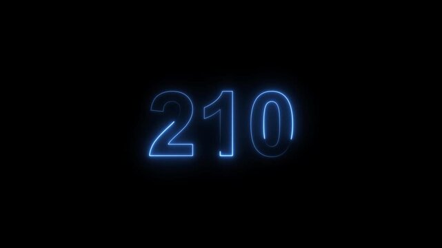 210 number neon bright royal blue color animation. black background 4k video.