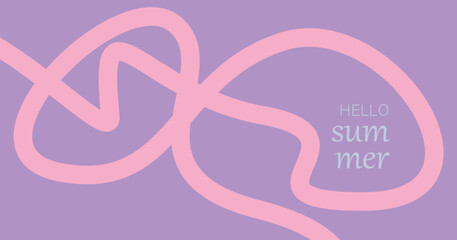 Hello Summer abstract background with soft pink swirly line over purple backdrop. Minimal curved design with playful and modern feel. Ideal for seasonal promotions, banners, and digital art.