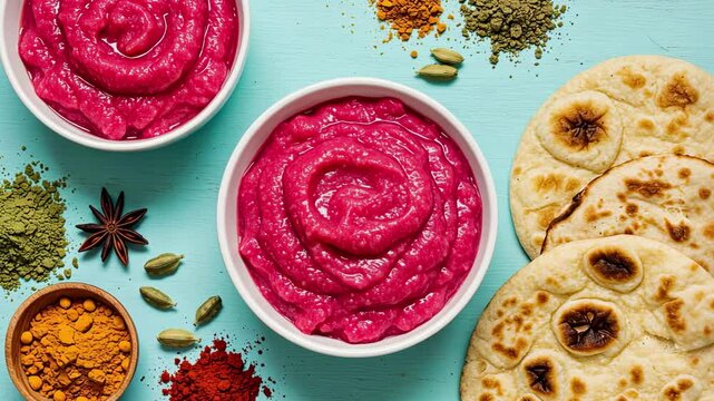 Vibrant beetroot hummus with spices and warm naan bread on turquoise background