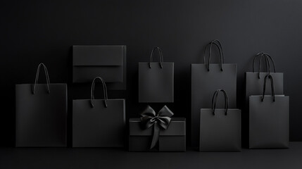 Black shopping bags gift box dark background elegant display