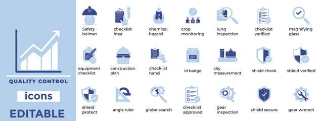 Editable quality control vector icons with clean line art, perfect for manufacturing, inspection, and compliance visuals.