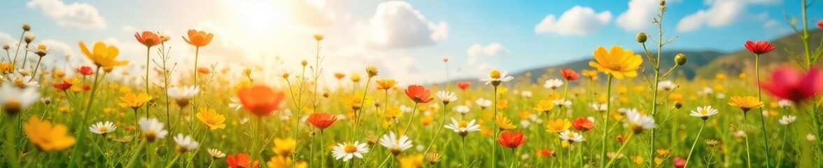 Obraz premium A sun-drenched field of wildflowers swaying gently in the breeze, embodying the pure joy and boundless opportunities of nature's beauty , landscape, blossom, white