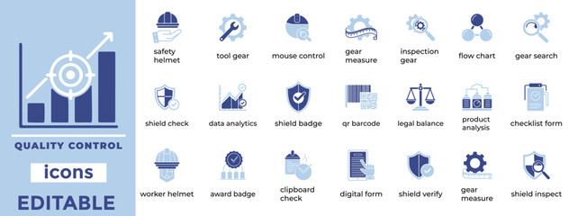 Editable quality control vector icons with clean line art, perfect for manufacturing, inspection, and compliance visuals.