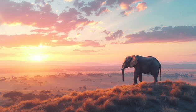 Lone Elephant Overlooking African Savanna