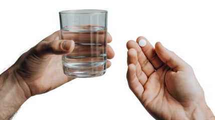 Realistic close-up of two human hands, one holding a clear glass of water, the other holding a small white pill, isolated on a transparent background