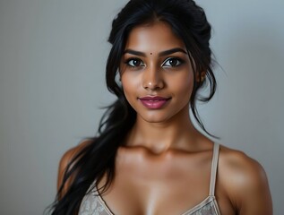 Stunning young woman with exotic features and warm skin tones, wearing a delicate bra, radiating confidence, elegance, and natural beauty in a soft, intimate setting