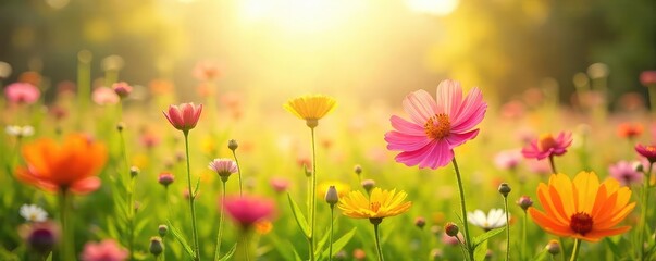 Obraz premium A vibrant sunlit field of wildflowers gently swaying in the breeze, embodying the sheer joy and freedom of nature's beauty A perfect representation of simple happiness , happiness, landscape