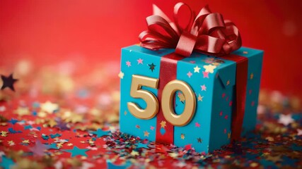 Happy 50th celebration! This is a festive blue gift box with a bright red ribbon and gold stars on top, ready to bring joy and make the day unforgettable.