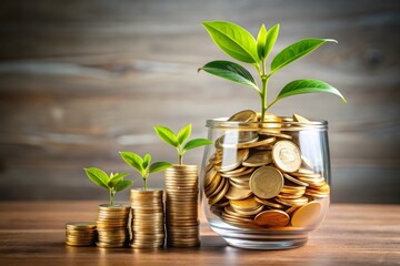 Green shoots sprout from stacks of gold coins and a glass jar symbolizing financial growth and investment success