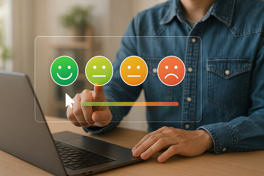 Man interacting with digital feedback scale showing emotion icons, representing customer satisfaction, review system, and quality service evaluation