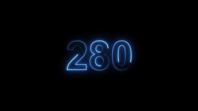 280 number neon bright royal blue color animation. black background 4k video.