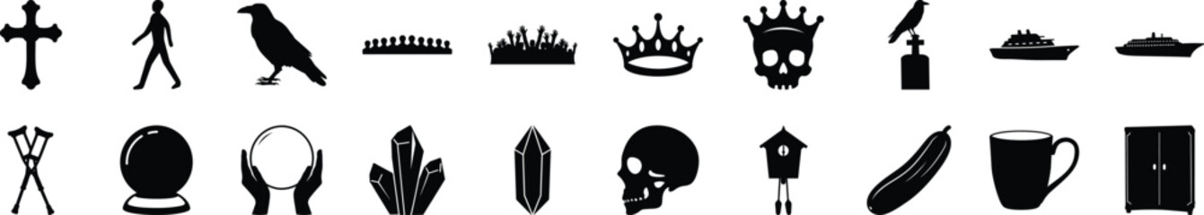 Black Silhouette Icon Set – Cross, Crow, Skull, Crown, Crystal, and More - A diverse collection of black silhouette icons featuring religious, mystical, and everyday objects.