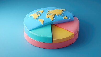 A 3D pie chart with a world map