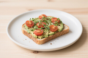 Avocado toast with cherry tomatoes and sprouts whole wheat bread
