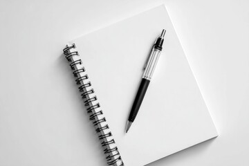 A spiral-bound notebook lies open on a white surface, accompanied by a pen resting on its pages; minimalist aesthetic