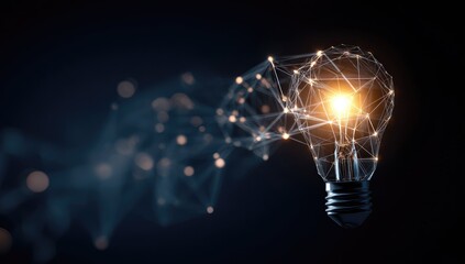 Glowing lightbulb formed from interconnected nodes and lines against a dark background with bokeh effects, suggesting innovation and connectivity