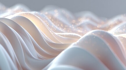 Abstract image of flowing, soft, white and peach colored undulating forms, illuminated by warm, golden light, with subtle sparkling particles scattered across the surface