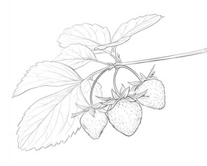 Line drawing of strawberries on a branch with leaves