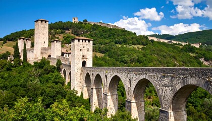 Fototapeta premium Ancient stone bridge spanning a valley, guarded by medieval towers on a hillside