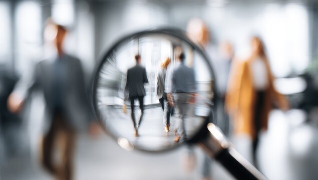 A magnifying glass focuses on blurred figures in a busy office setting, suggesting a search or investigation theme