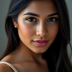 Obraz premium Stunning young woman with exotic features and warm skin tones, wearing a delicate bra, radiating confidence, elegance, and natural beauty in a soft, intimate setting