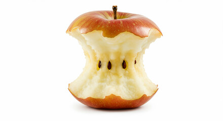 An apple core with visible seeds and a small stem, isolated on a white background.