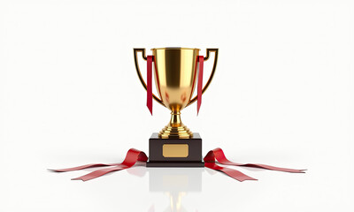 Golden Trophy with Red Ribbons on White Background