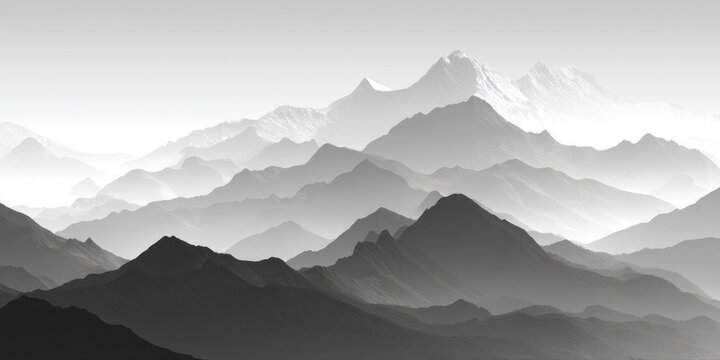 Monochromatic mountain range, layers fading into hazy distance, grayscale palette evokes serenity and vastness