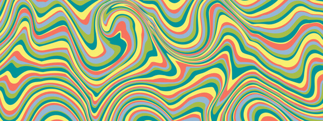 Obraz premium Wavy background with abstract wave pattern in psychedelic vector lines and retro texture. Stripped splash with liquid or caramel form by trippy pastel. Seamless minimal decorative print in y2k mood.