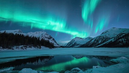 Naklejka premium Aurora Borealis Illuminating a Snowy Mountain Landscape Over a Frozen Lake