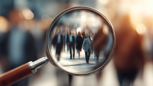 A close-up of a magnifying glass focusing on a blurred crowd of people walking outdoors in a city. The background is softly blurred, emphasizing the group within the lens