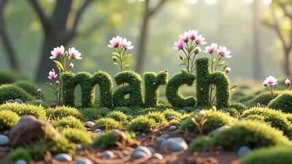 Natural grassy “March” lettering decorated with blooming flowers and moss, perfectly symbolizing spring's arrival, greenery, and nature's rebirth in early springtime.