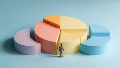 A miniature figure stands before a large pastel-colored pie chart, 
