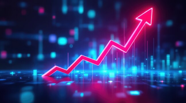 Glowing pink neon arrow graph showing upward financial growth and success